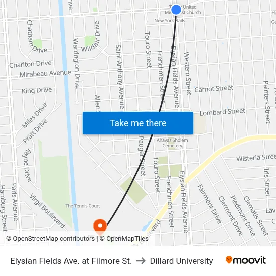 Elysian Fields Ave. at Filmore St. to Dillard University map