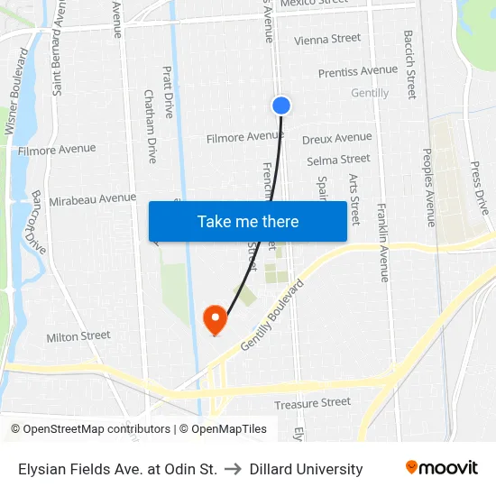 Elysian Fields Ave. at Odin St. to Dillard University map