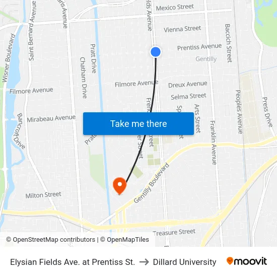 Elysian Fields Ave. at Prentiss St. to Dillard University map