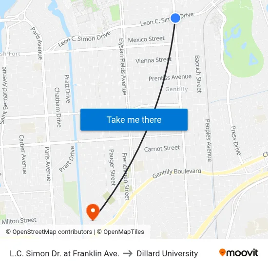 L.C. Simon Dr. at Franklin Ave. to Dillard University map