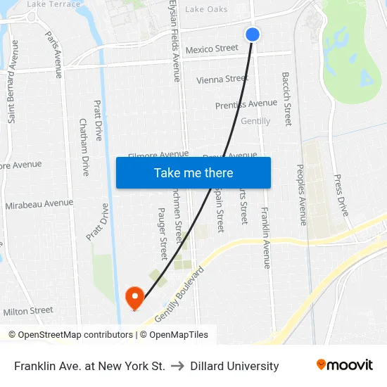 Franklin Ave. at New York St. to Dillard University map