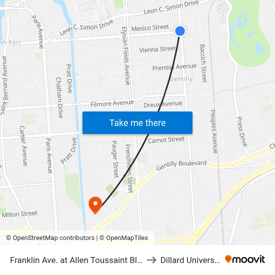 Franklin Ave. at Allen Toussaint Blvd. to Dillard University map