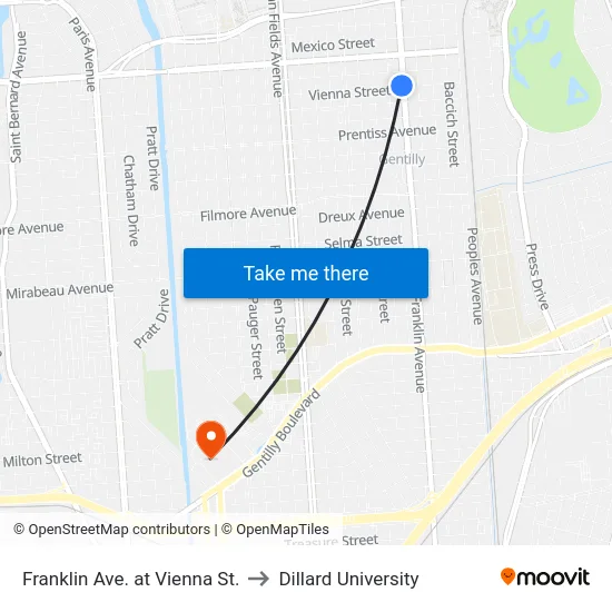Franklin Ave. at Vienna St. to Dillard University map