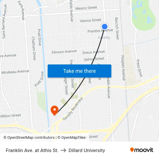 Franklin Ave. at Athis St. to Dillard University map