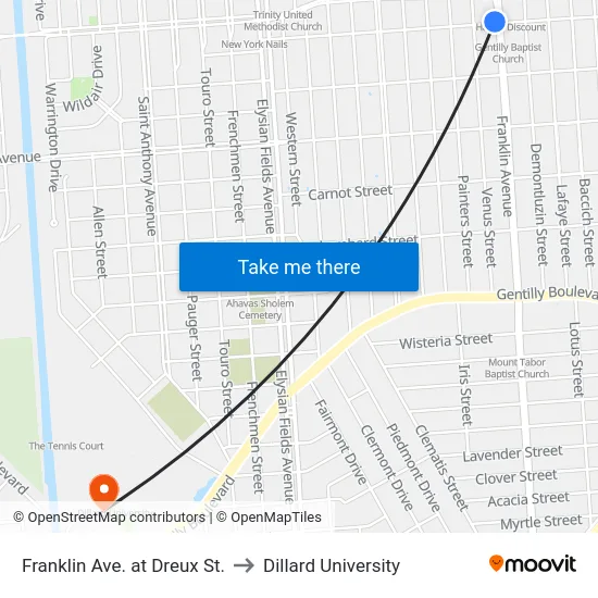 Franklin Ave. at Dreux St. to Dillard University map