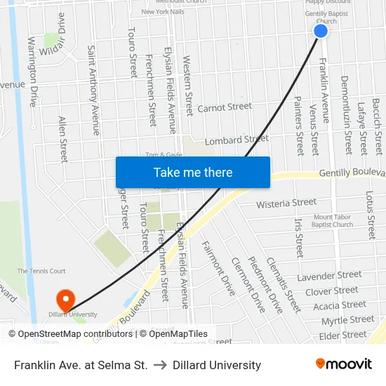 Franklin Ave. at Selma St. to Dillard University map
