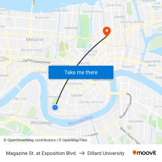 Magazine St. at Exposition Blvd. to Dillard University map