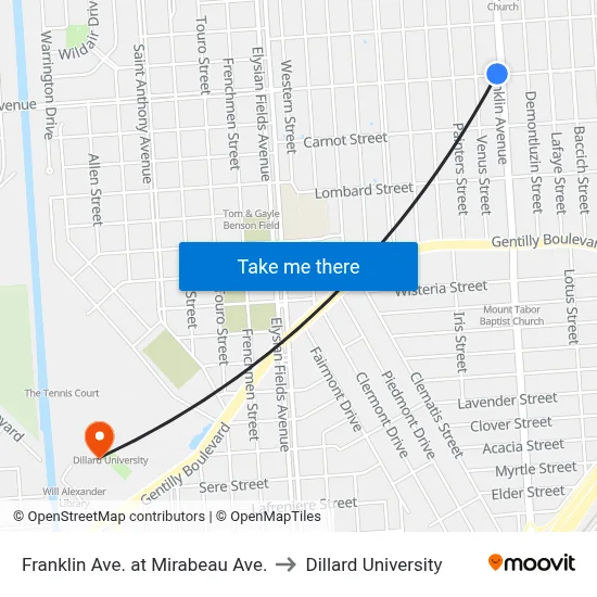 Franklin Ave. at Mirabeau Ave. to Dillard University map