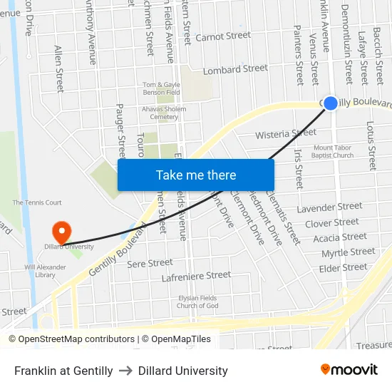 Franklin at Gentilly to Dillard University map