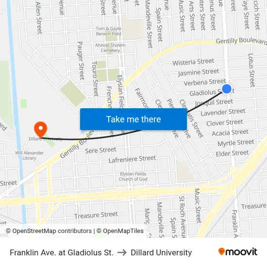 Franklin Ave. at Gladiolus St. to Dillard University map