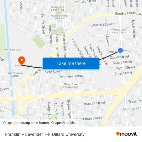 Franklin + Lavender to Dillard University map