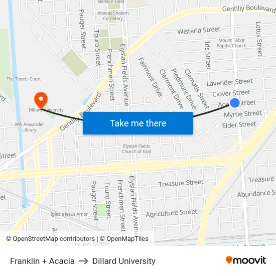 Franklin + Acacia to Dillard University map