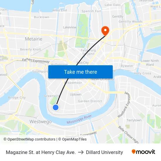 Magazine St. at Henry Clay Ave. to Dillard University map