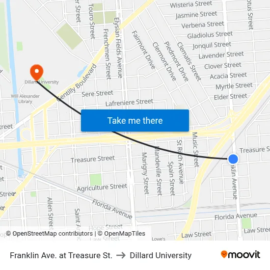 Franklin Ave. at Treasure St. to Dillard University map