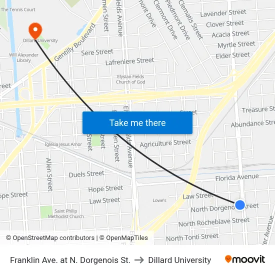Franklin Ave. at N. Dorgenois St. to Dillard University map