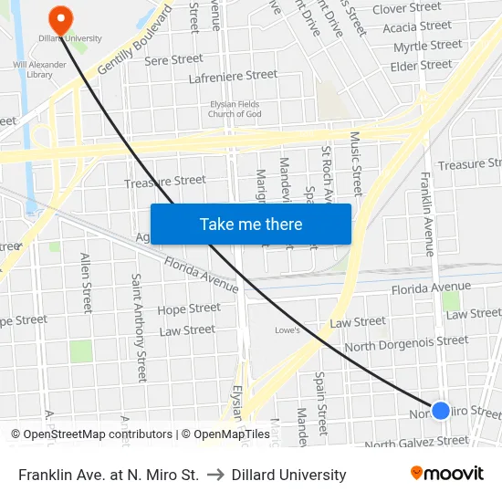 Franklin Ave. at N. Miro St. to Dillard University map
