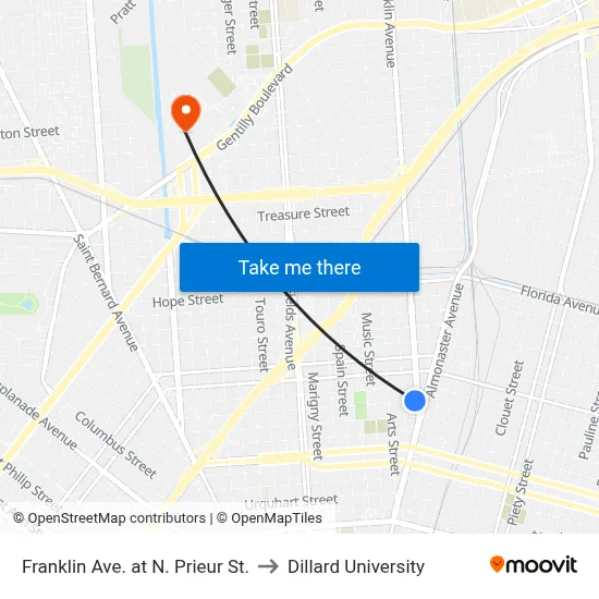 Franklin Ave. at N. Prieur St. to Dillard University map