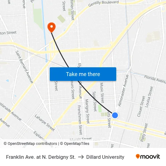 Franklin Ave. at N. Derbigny St. to Dillard University map