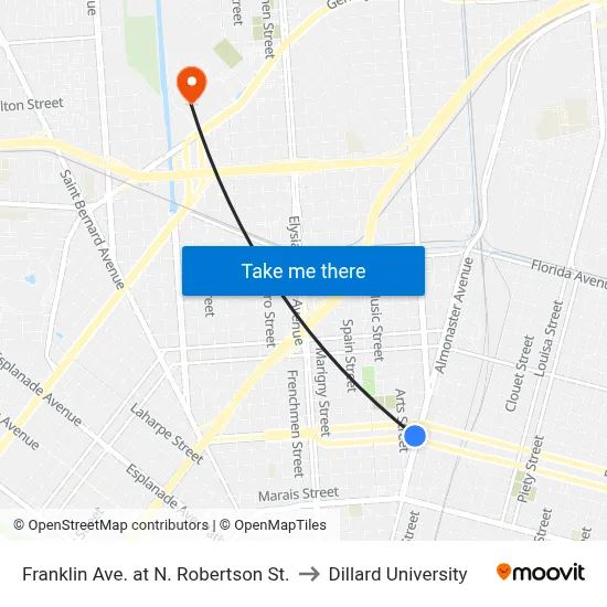 Franklin Ave. at N. Robertson St. to Dillard University map