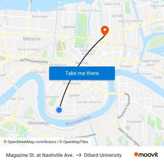 Magazine St. at Nashville Ave. to Dillard University map