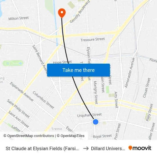 St Claude at Elysian Fields (Farside) to Dillard University map