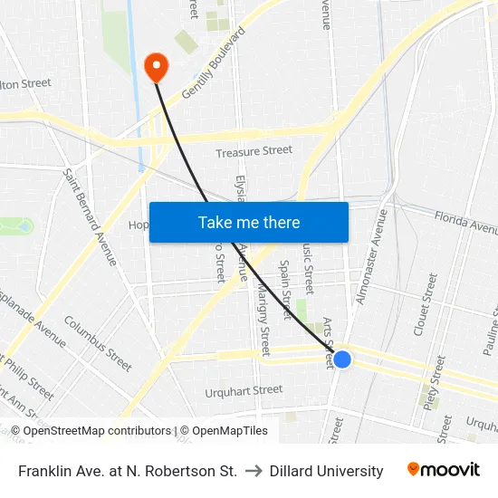 Franklin Ave. at N. Robertson St. to Dillard University map