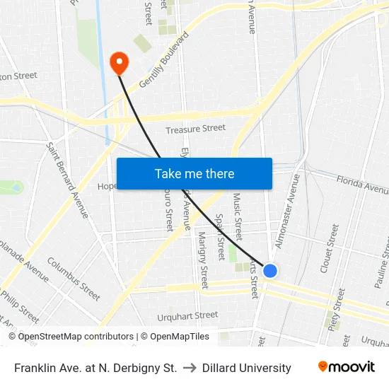 Franklin Ave. at N. Derbigny St. to Dillard University map