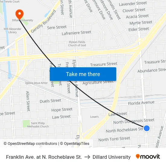 Franklin Ave. at N. Rocheblave St. to Dillard University map