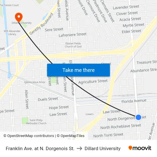 Franklin Ave. at N. Dorgenois St. to Dillard University map