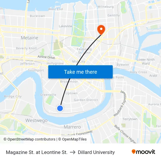 Magazine St. at Leontine St. to Dillard University map