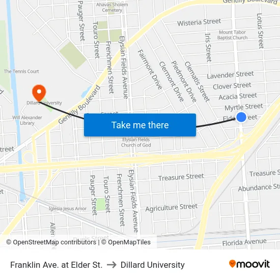 Franklin Ave. at Elder St. to Dillard University map