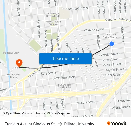 Franklin Ave. at Gladiolus St. to Dillard University map