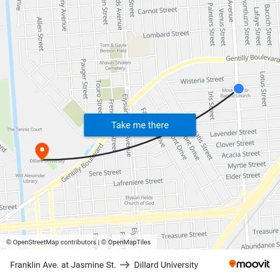 Franklin Ave. at Jasmine St. to Dillard University map