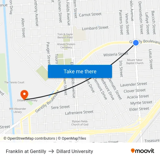 Franklin at Gentilly to Dillard University map