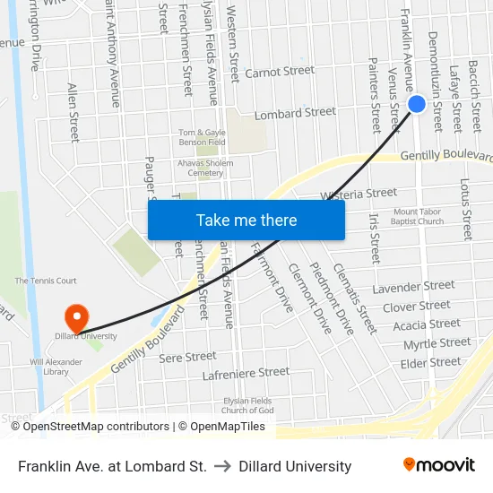 Franklin Ave. at Lombard St. to Dillard University map