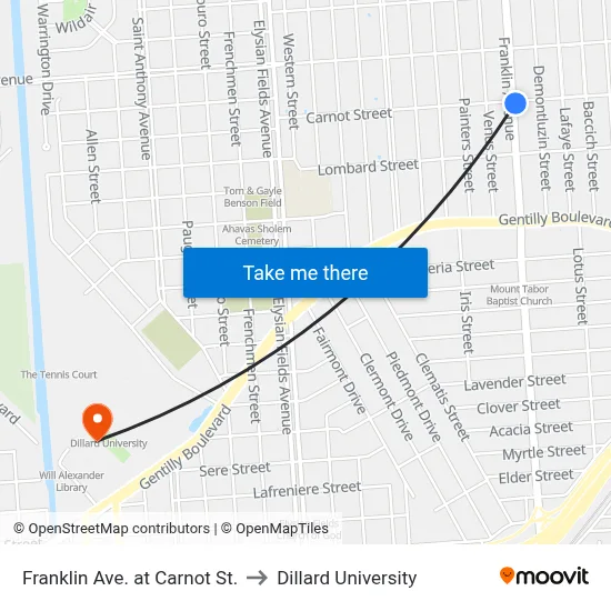 Franklin Ave. at Carnot St. to Dillard University map