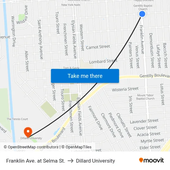 Franklin Ave. at Selma St. to Dillard University map