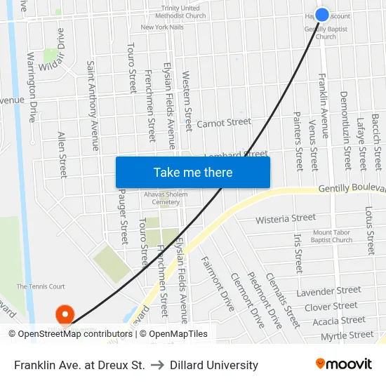 Franklin Ave. at Dreux St. to Dillard University map