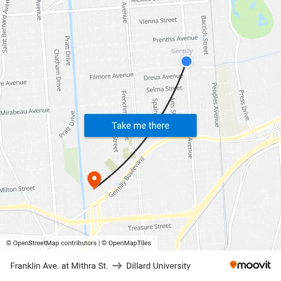 Franklin Ave. at Mithra St. to Dillard University map