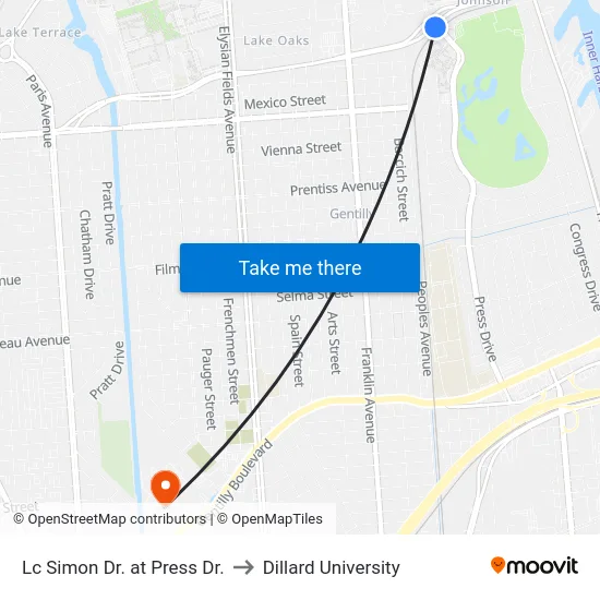 Lc Simon Dr. at Press Dr. to Dillard University map
