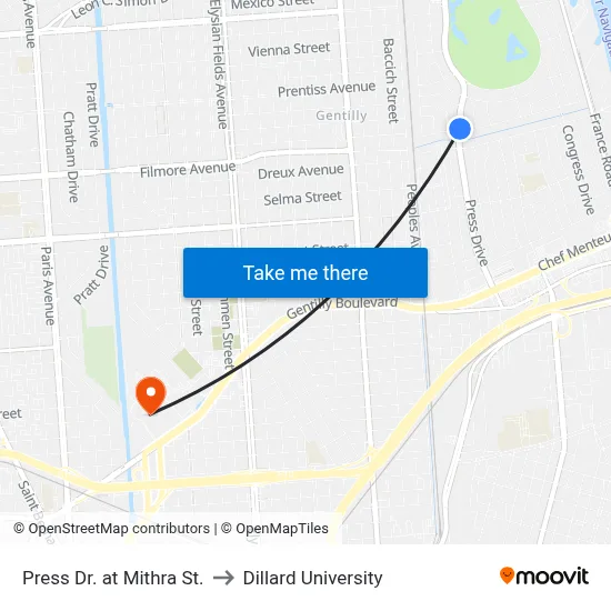 Press Dr. at Mithra St. to Dillard University map