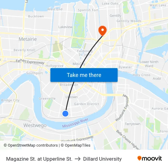 Magazine St. at Upperline St. to Dillard University map