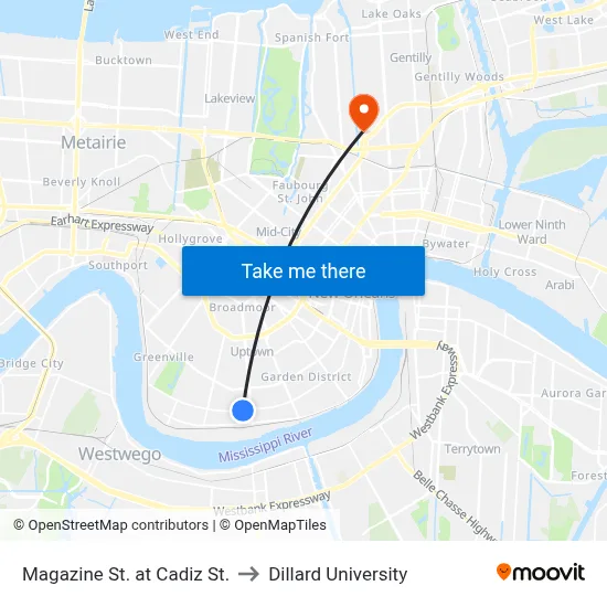 Magazine St. at Cadiz St. to Dillard University map