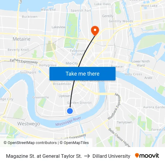 Magazine St. at General Taylor St. to Dillard University map