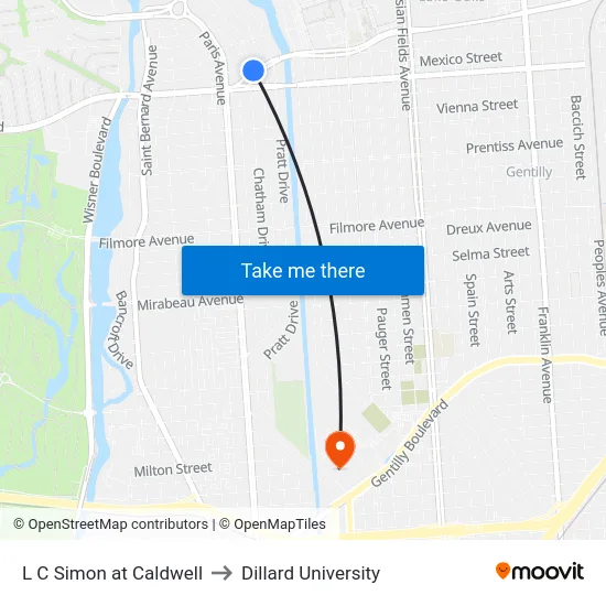 L C Simon at Caldwell to Dillard University map
