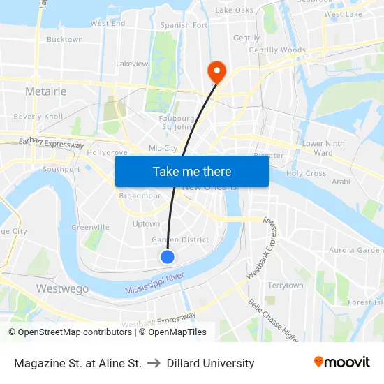 Magazine St. at Aline St. to Dillard University map