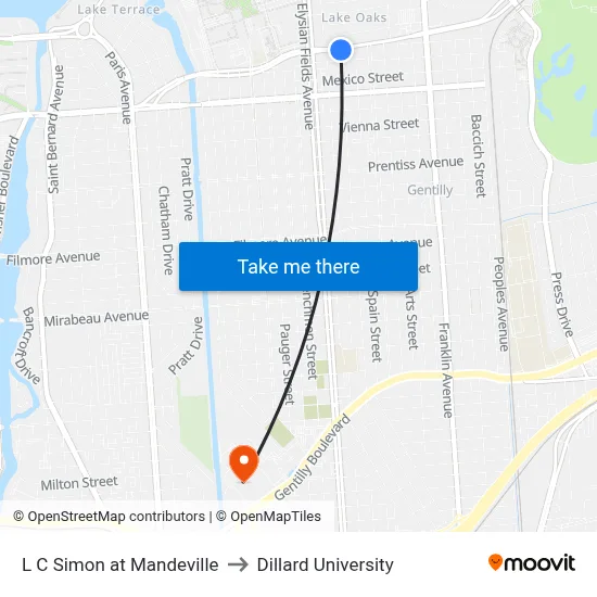 L C Simon at Mandeville to Dillard University map