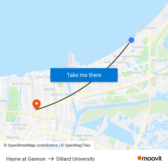 Hayne at Gannon to Dillard University map
