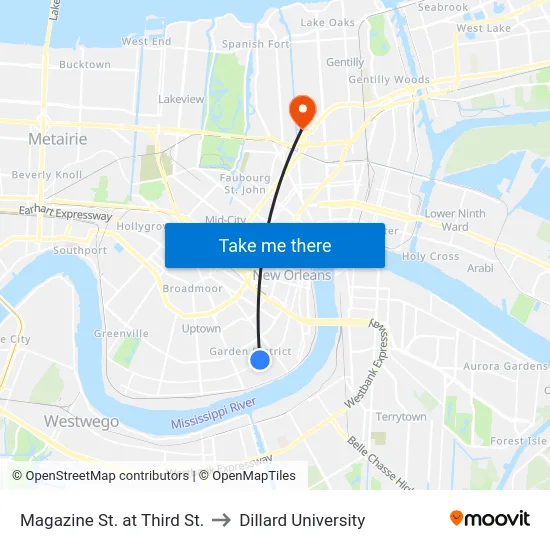 Magazine St. at Third St. to Dillard University map