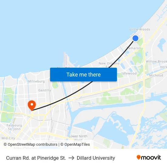 Curran Rd. at Pineridge St. to Dillard University map